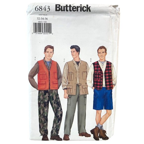 Butterick Sewing Pattern 6843 Vest Shorts Pants Mens Size 32-36 - Picture 1 of 2